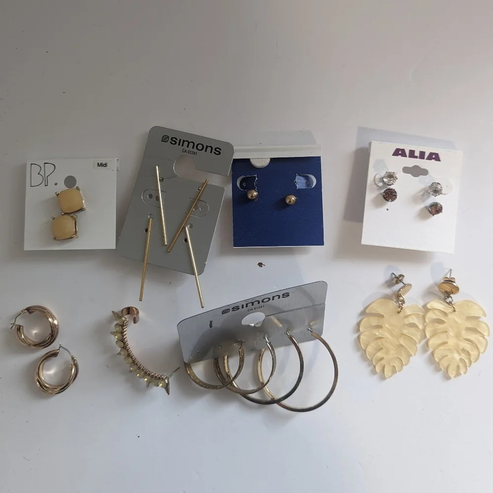 11pc Earring Bundle Lot  ( Palm leaf, rhinestone, cuff, hoops, bar)